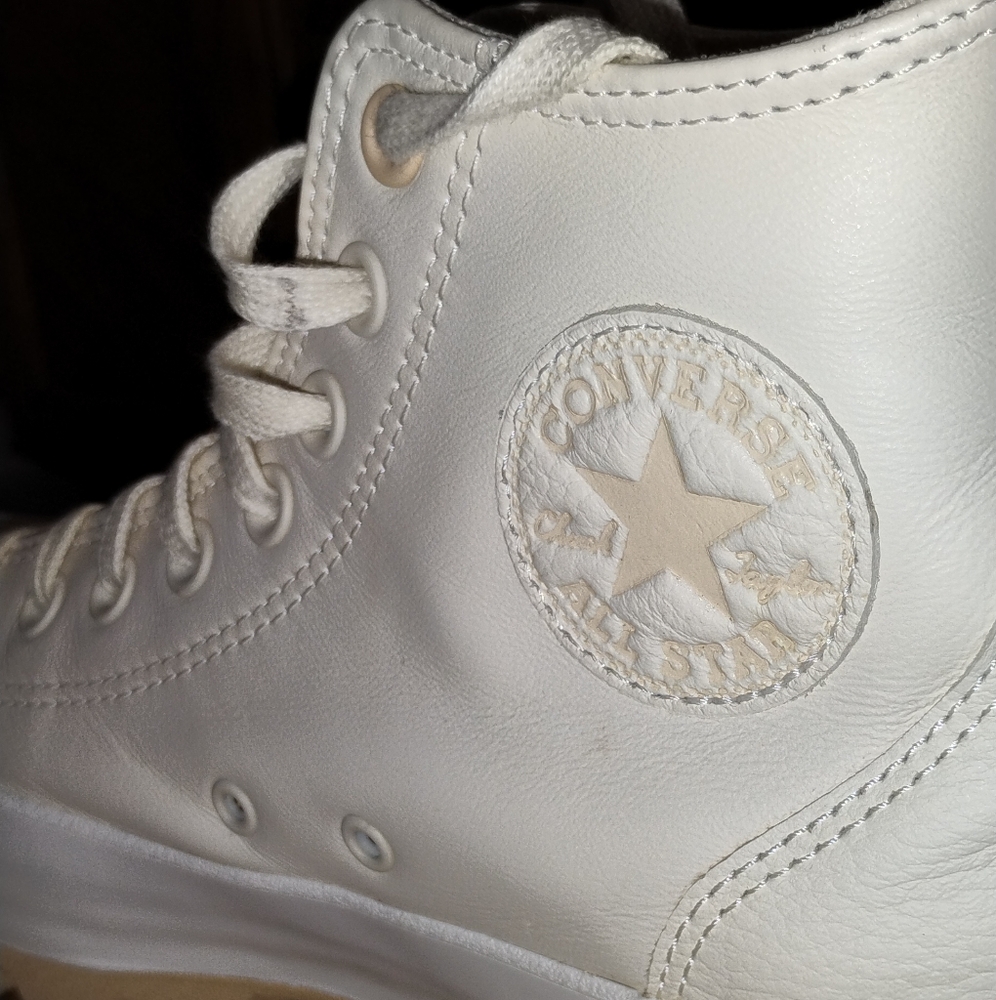 Converse Women's Athletic Shoes - Cream Colored Soft Leather High Top Thick Sole